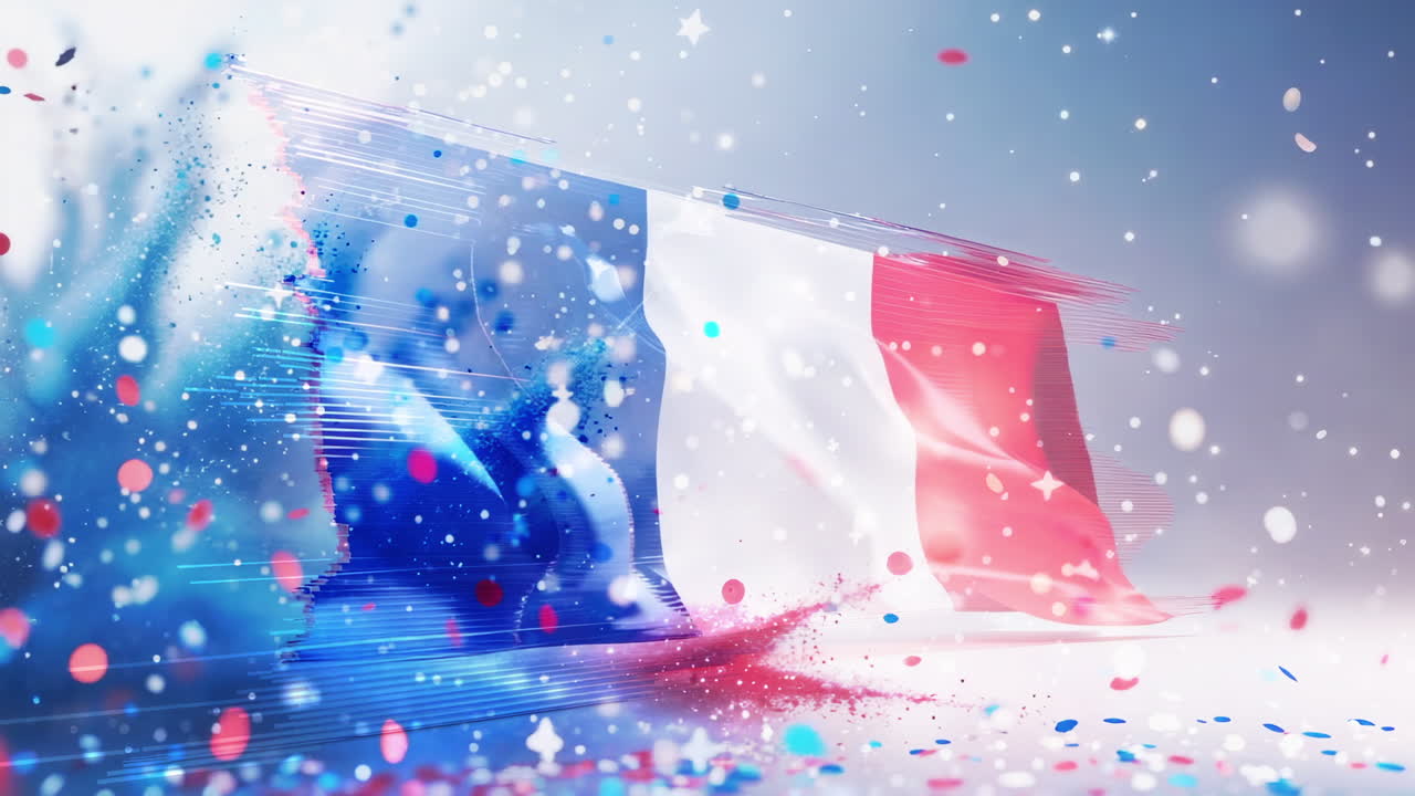Dynamic French Flag with Confetti and Light Streaks