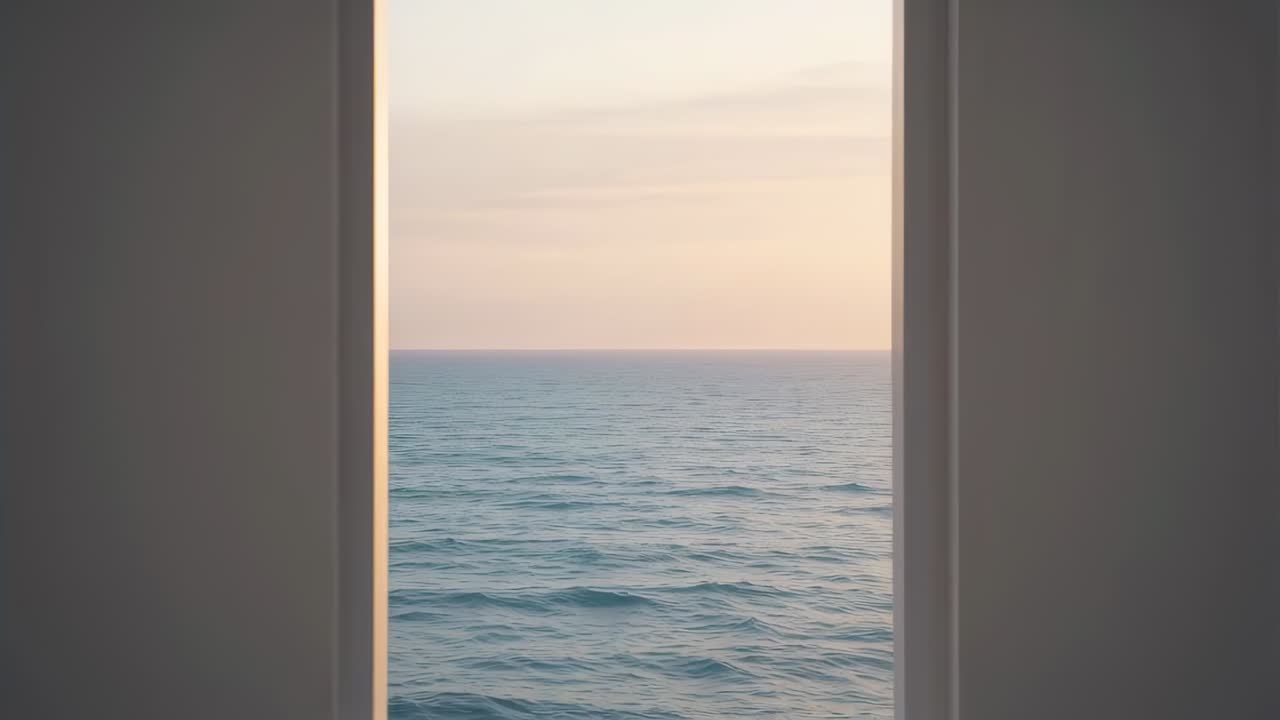 Framing tall window showing calm ocean moving as sunrise light warming soft sky in coastal room