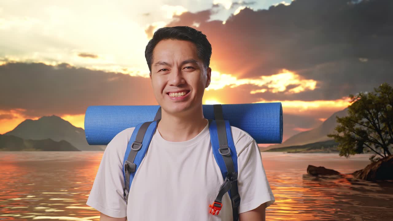 Close Up Of Asian Male Hiker With Mountaineering Backpack Smiling To Camera At A Lake