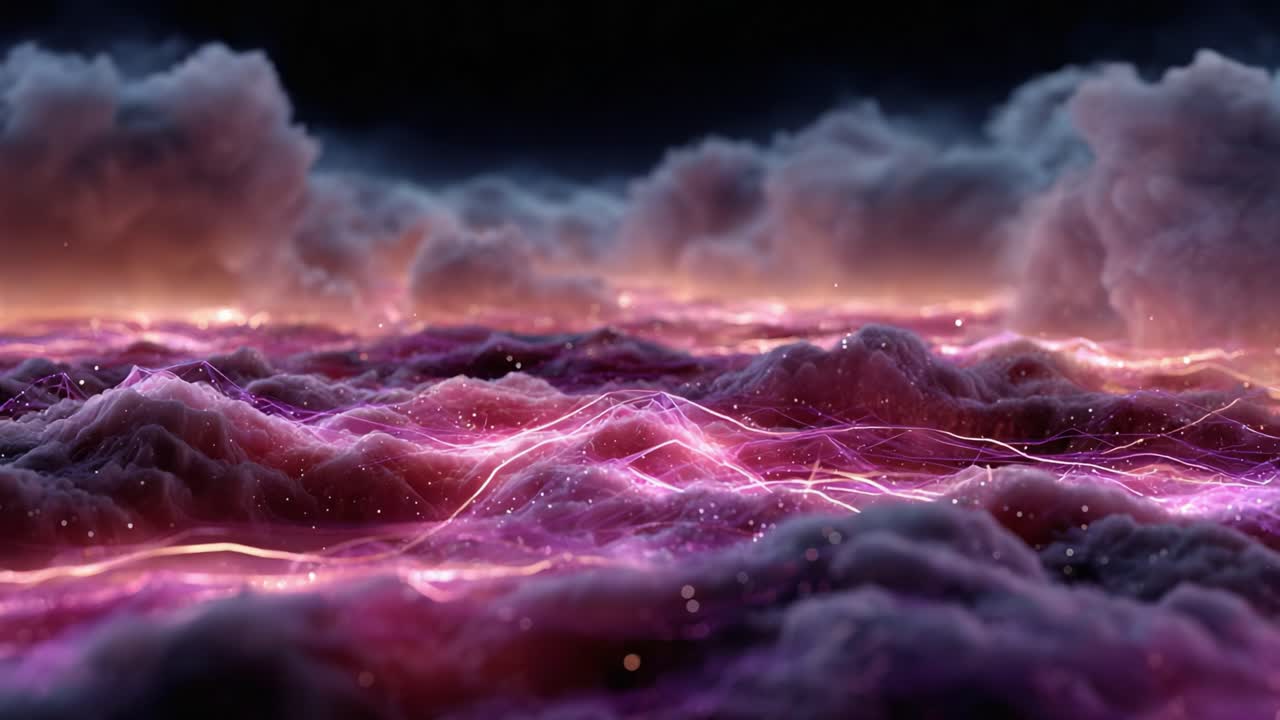 A Stunning Visual of Vibrant Clouds Illuminated by Ethereal Light, Creating an Enchanting Atmosphere Over a Majestic Landscape of Pink and Purple Hues