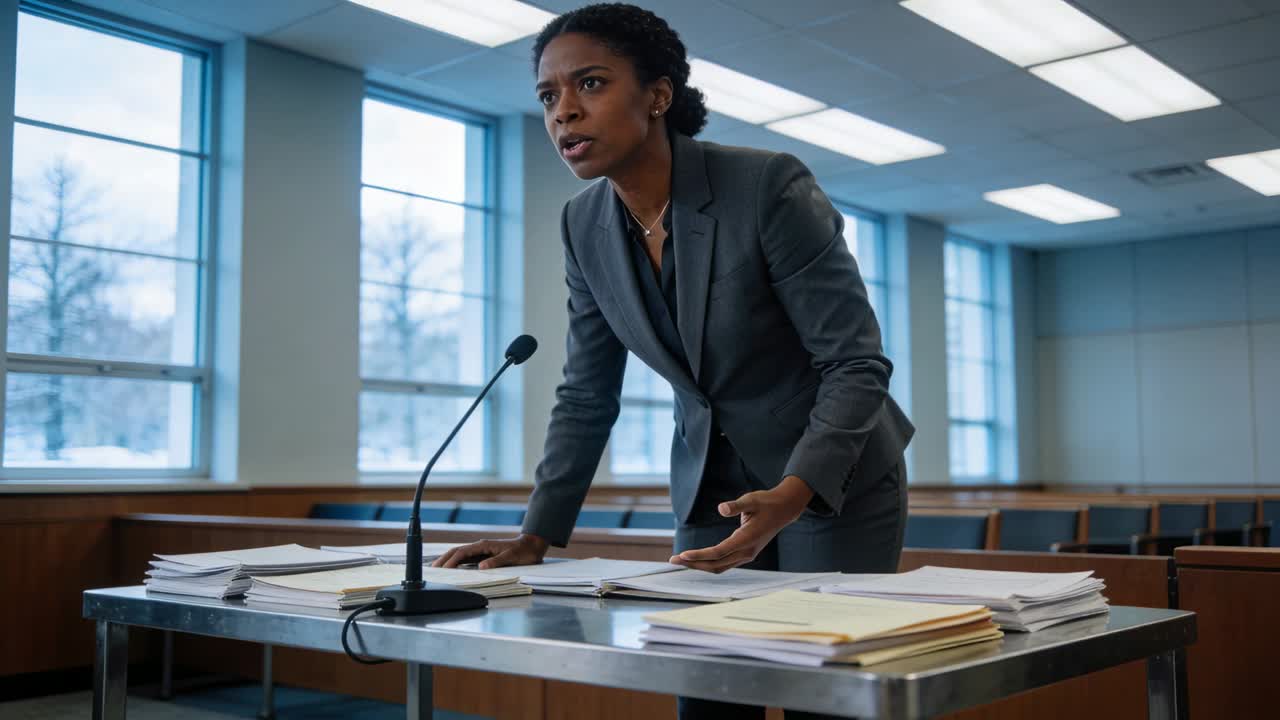 Avocat penché et gesticulant en costume gris s'adressant à la salle, discutant à une table métallique avec des papiers.