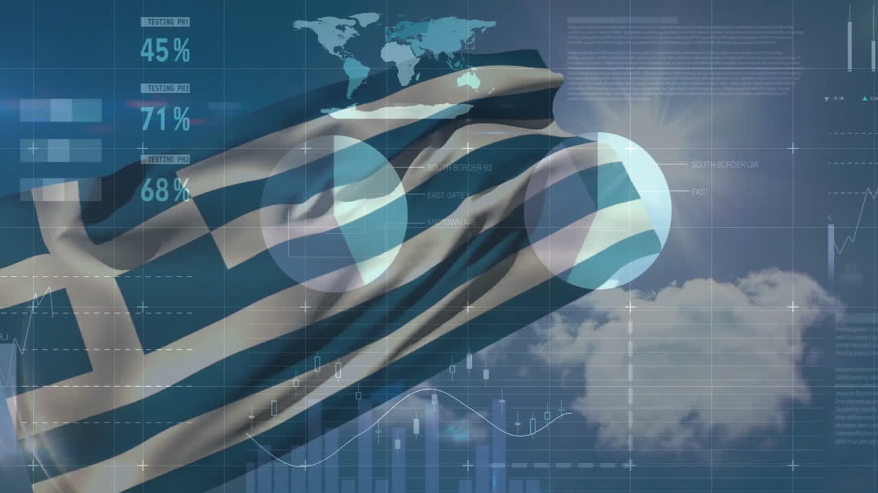 Animation of Greek flag waving over digital data and world map graphics