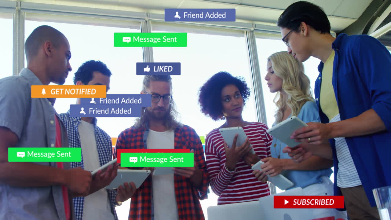 Team colleagues tapping white tablets in modern office, with floating social media notifications