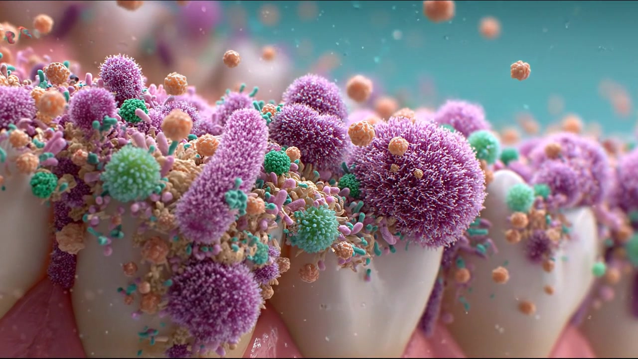 Microrganismi colorati che crescono su una superficie dettagliata di tessuto biologico.