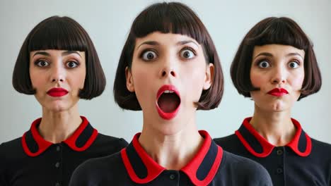 una mujer con tres diferentes expresiones faciales en su cara
