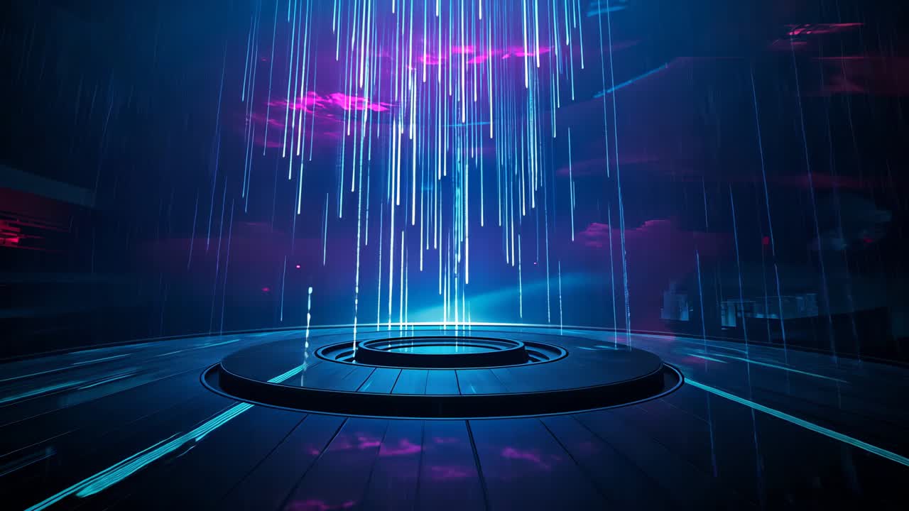 Platform activating in chamber emitting cyan glow, sending beams and magenta bands into 3D grid