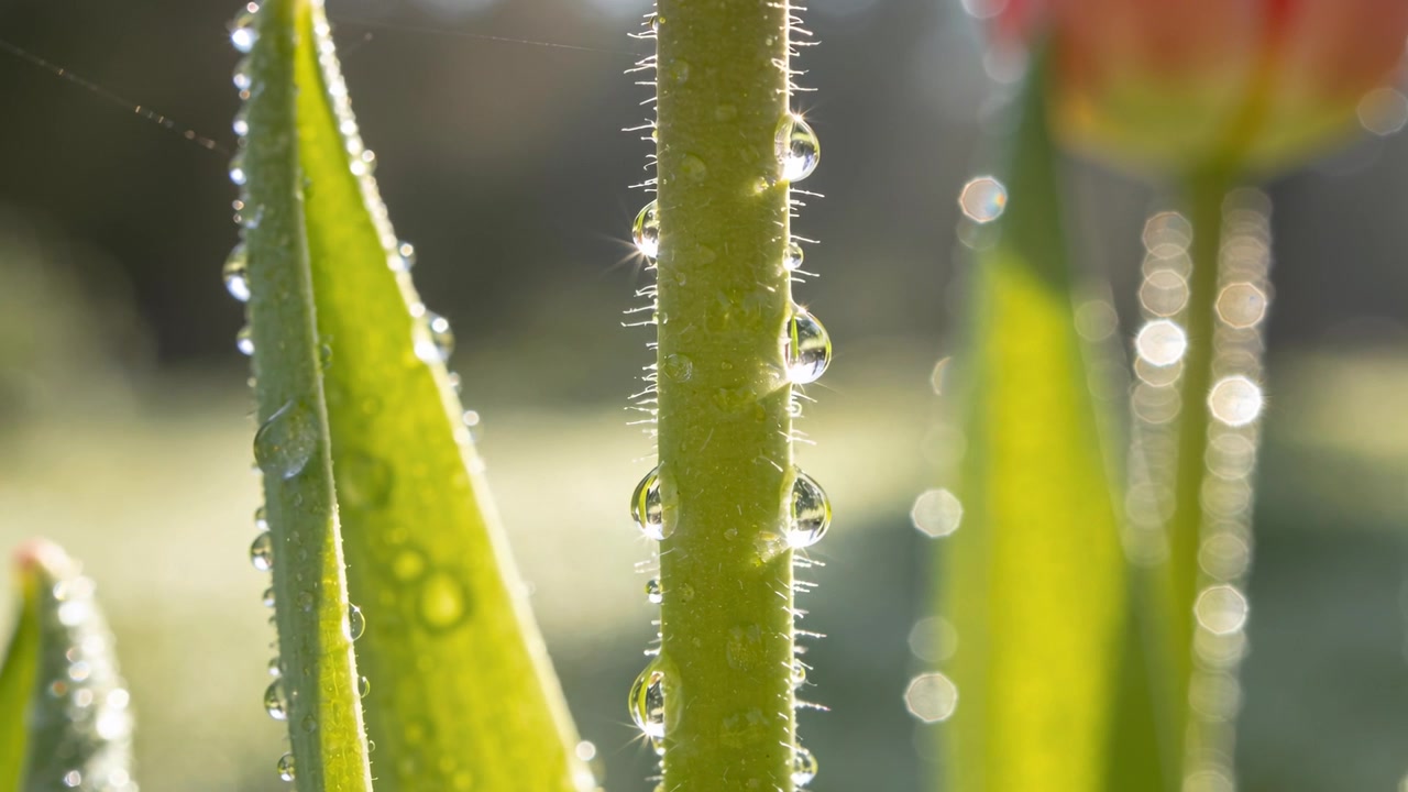 Tallo reluciente con tricomas y una hoja sosteniendo gotas de rocío bajo el sol de la mañana, con seda de araña brillando.