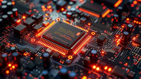 close-up of a glowing red circuit board with microchip