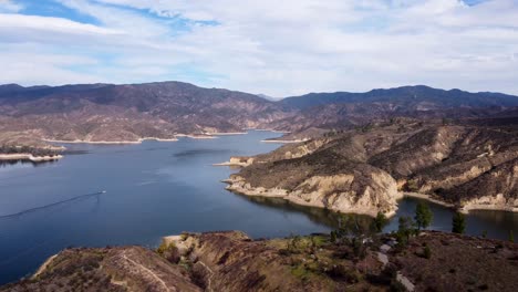 drone shot of the mountains and reservoir in castaic, california outside of la