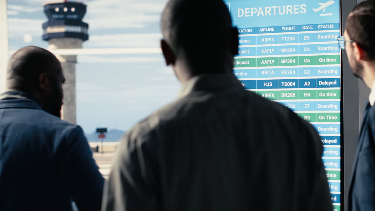 Folla di persone che leggono le informazioni sui voli su uno schermo nella sala d'attesa dell'aeroporto