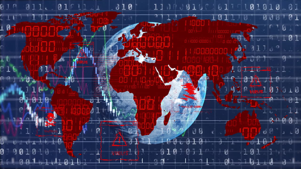 Digital security warnings and binary code animation overlaying world map