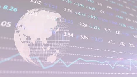 Animation-of-stock-market-data-processing-over-spinning-globe-against-blue-background