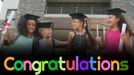 animation of congratulations text over happy diverse schoolgirls with mortar boards and diplomas
