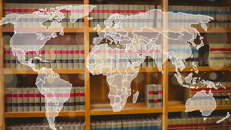 animación de puntos y mapa del mundo sobre los libros de la biblioteca