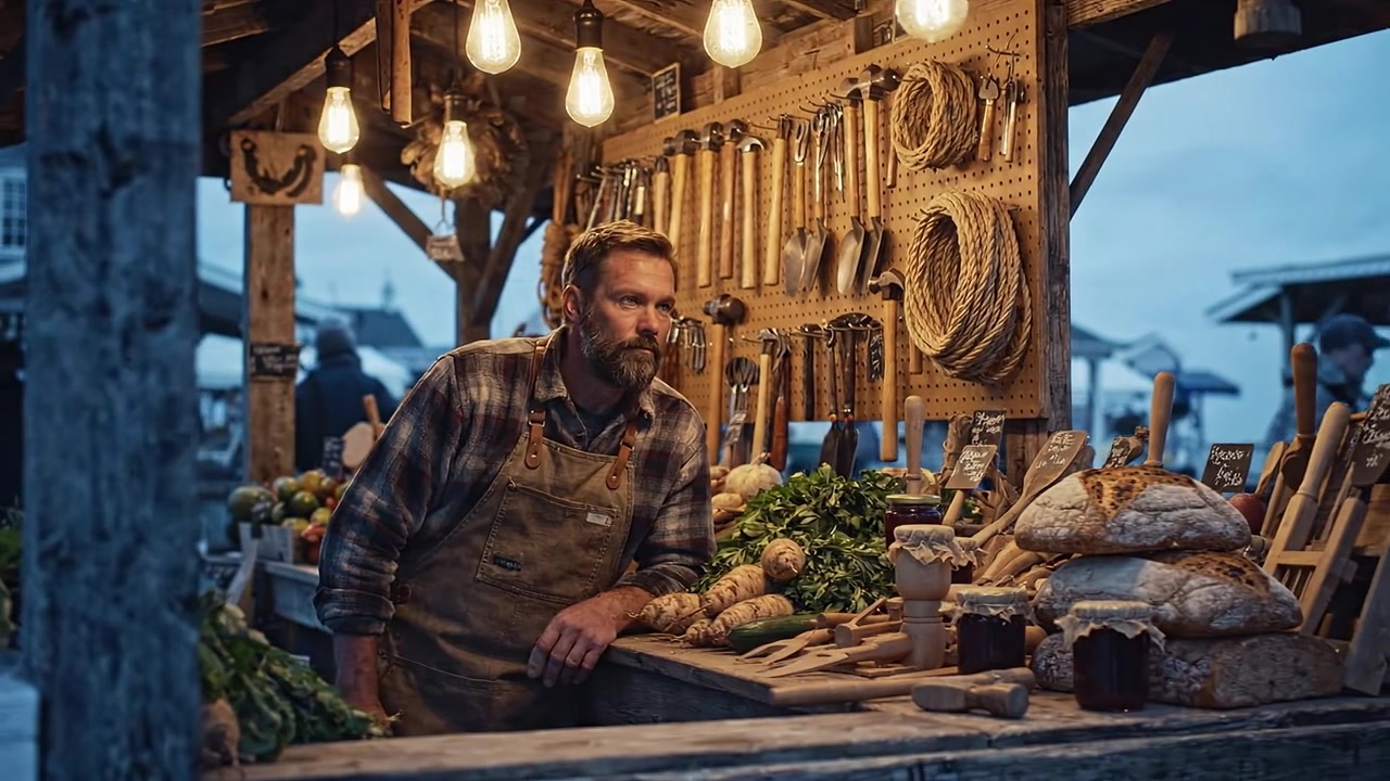 Mercato Artigianale: Un commerciante dedicato organizza prodotti freschi e attrezzi sotto luci calde, catturando l'essenza del commercio rustico e della creatività culinaria