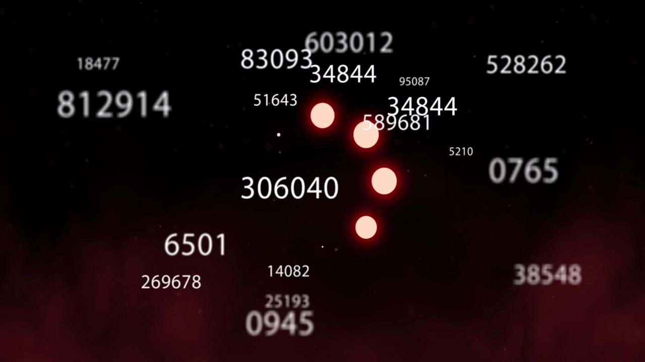Codici numerici che formano un gruppo di sfere rosse, pulsanti, con etichette che si muovono e svaniscono per una demo di dati.