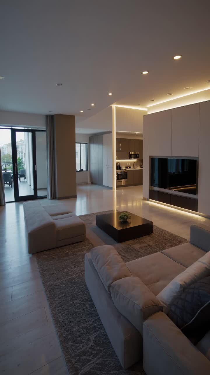Modern living room with sleek design, captured from a low angle