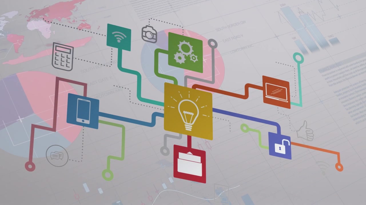 Animation of data processing and media icons over white background