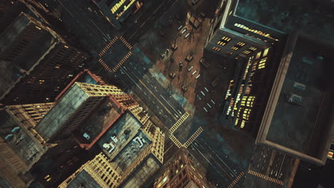 aerial view of a post-apocalyptic city at night