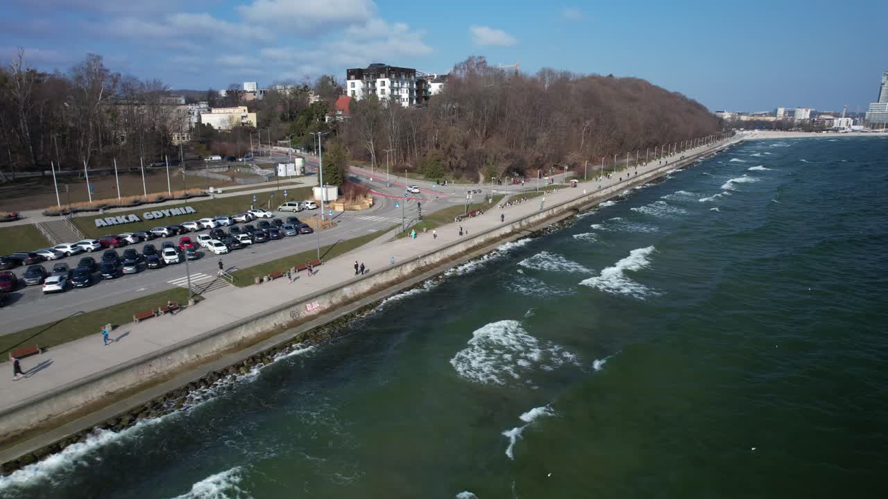 Morning running event in Gdynia. Aerial footage of active people outdoors