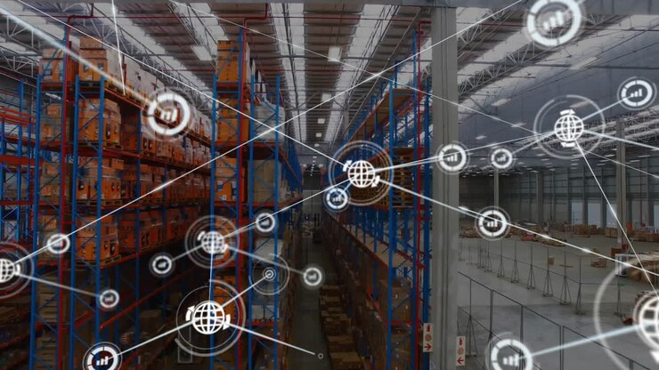 Animation of network of global communication and data icons over shelves at goods warehouse