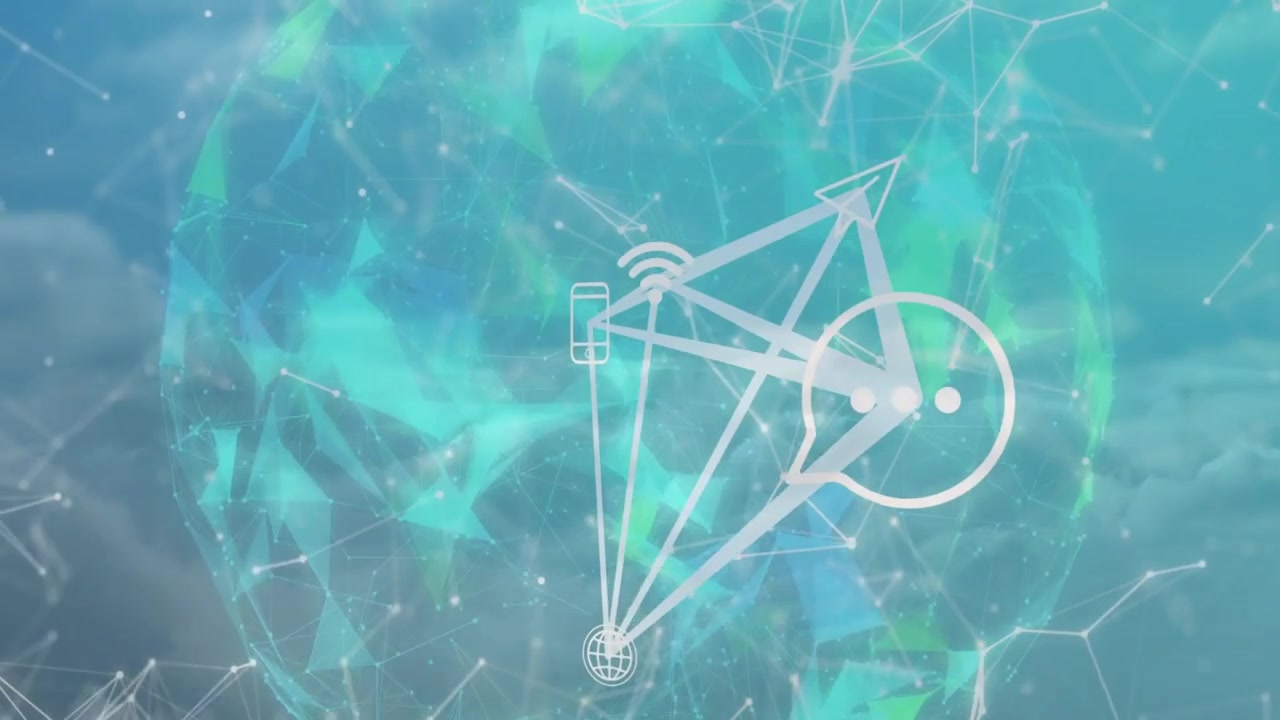 Smartphone icon appearing, polygonal globe pulsing, icons linking lines visualizing tech data flow
