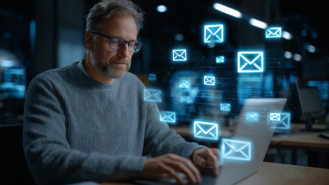 A focused man engaging with a laptop, immersed in a digital world of floating email icons, symbolizing modern communication and technology in action