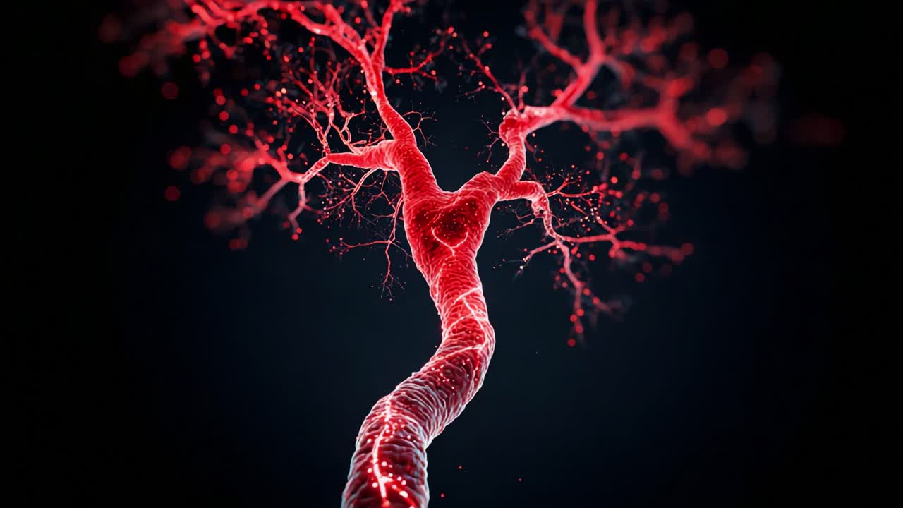 En imponerende visualisering af en neural træstruktur i livlige røde og sorte farver, der viser de indviklede forbindelser og den store mængde neurale stier i en abstrakt kontekst.