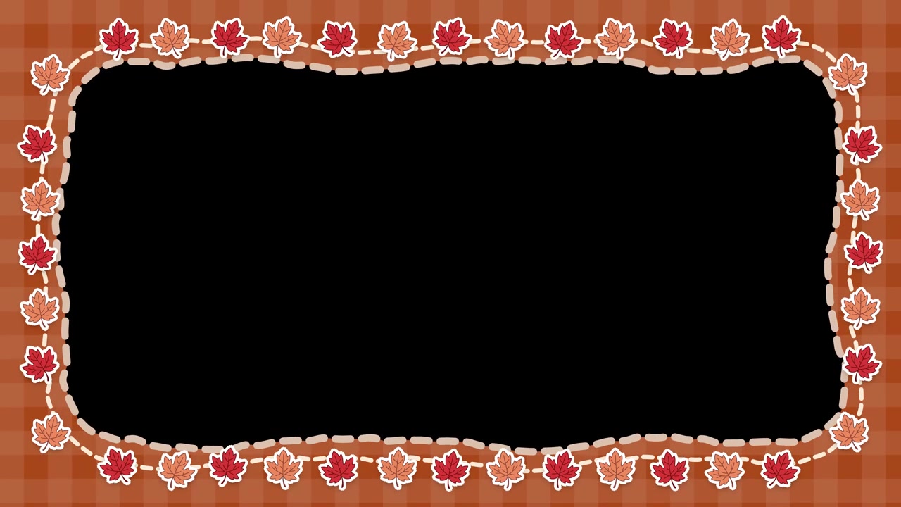 An animated autumn leaf border with plaid background surrounding black copy space.