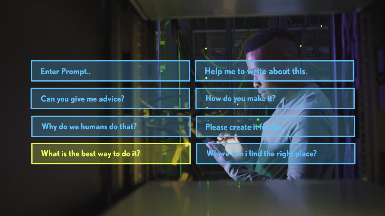 Typing on smartphone, person surrounded by text prompts in server room