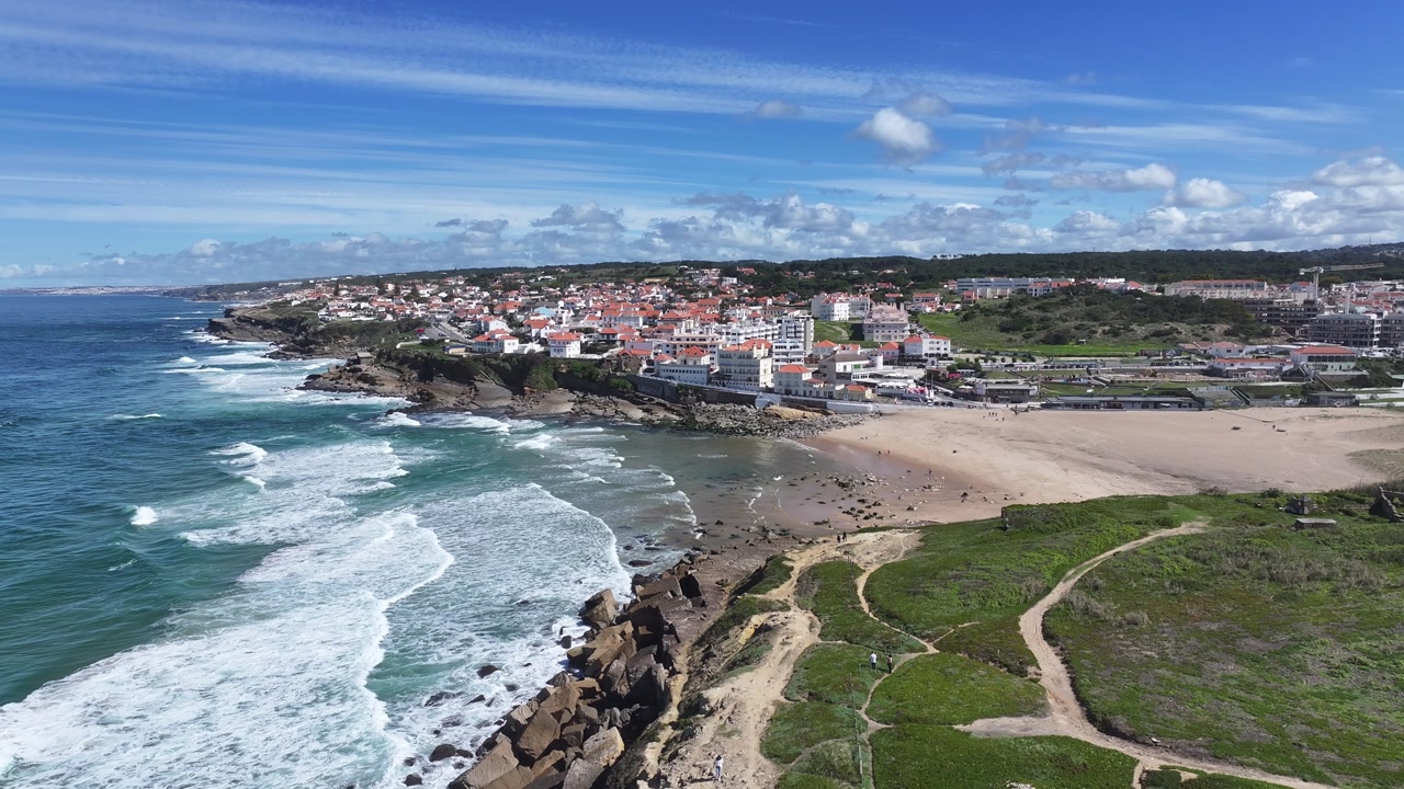 Apple Beach At Sintra In Lisbon District Portugal. Beach Landscape. Nature Seascape. Travel Destination. Apple Beach At Sintra In Lisbon District Portugal. Turquoise Water.