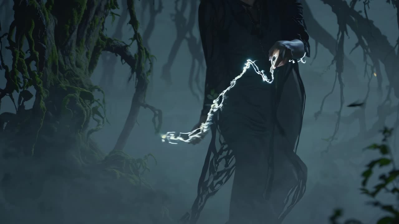 bruja en un bosque místico realizando magia