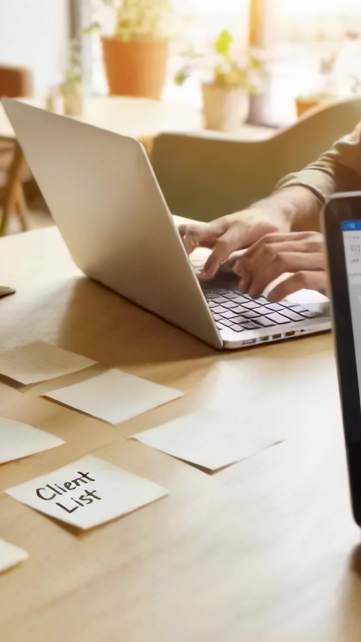 Video verticale: Mani che si posano, un lavoratore con maglia verde oliva digita su un laptop alla scrivania, controllando la lista clienti.