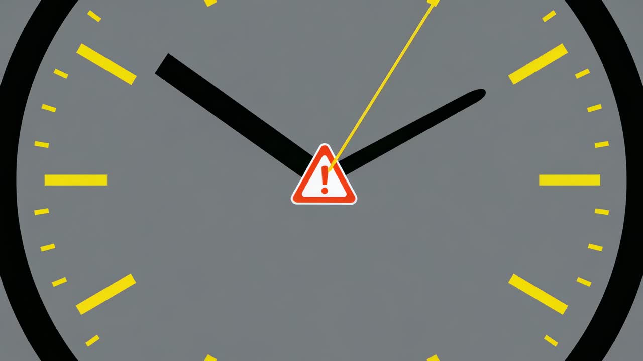 Sweeping thin yellow hand initiating emphasis on central triangular warning sign on grey clock dial