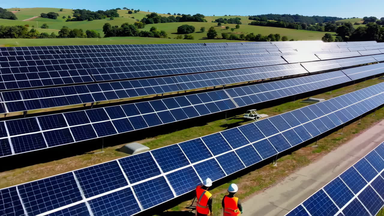 ферма с солнечными панелями с рабочими