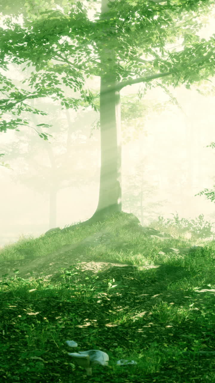 빛 이 안개 가 가득 한 숲 을 비추고 있다