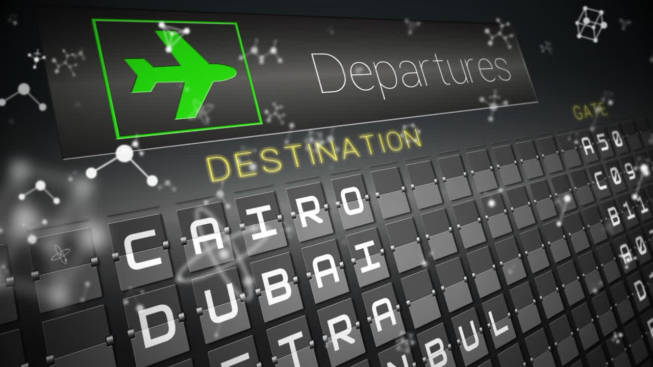 animación digital de estructuras moleculares flotando contra el tablero de información del aeropuerto