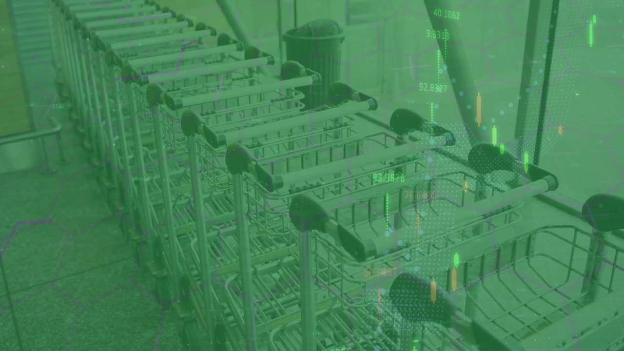 Animation of financial data processing over shopping trolleys