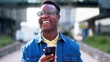 black man, smartphone and communication outdoor