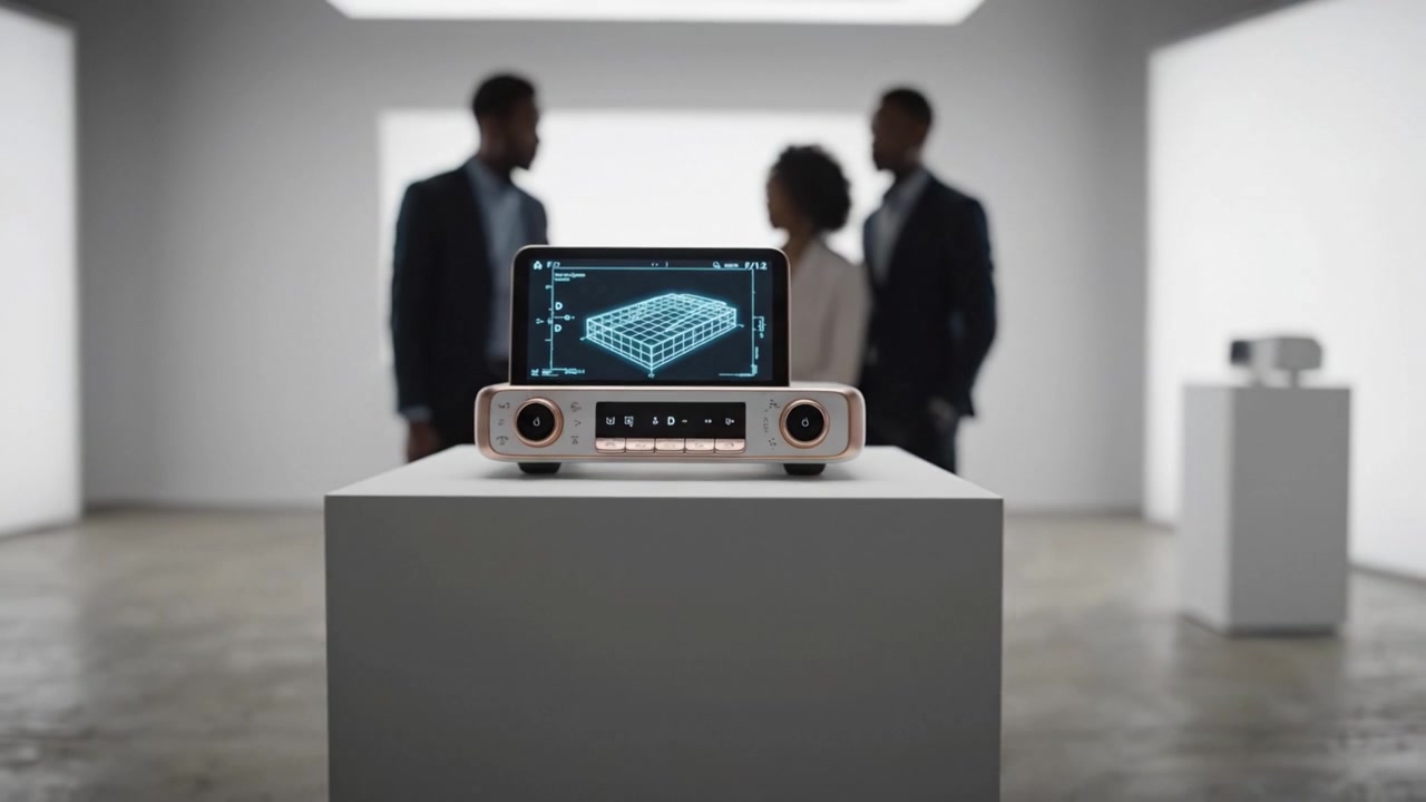Presentazione di un dispositivo audio innovativo: un moderno hub di streaming che fonde tecnologia e design per un'esperienza di ascolto migliorata in un ambiente contemporaneo.