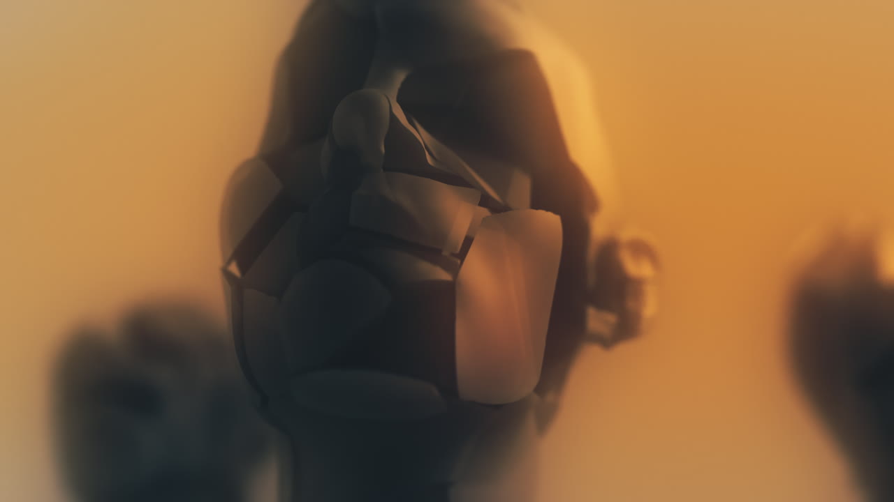 A crushed android head on a spike on the yellow background