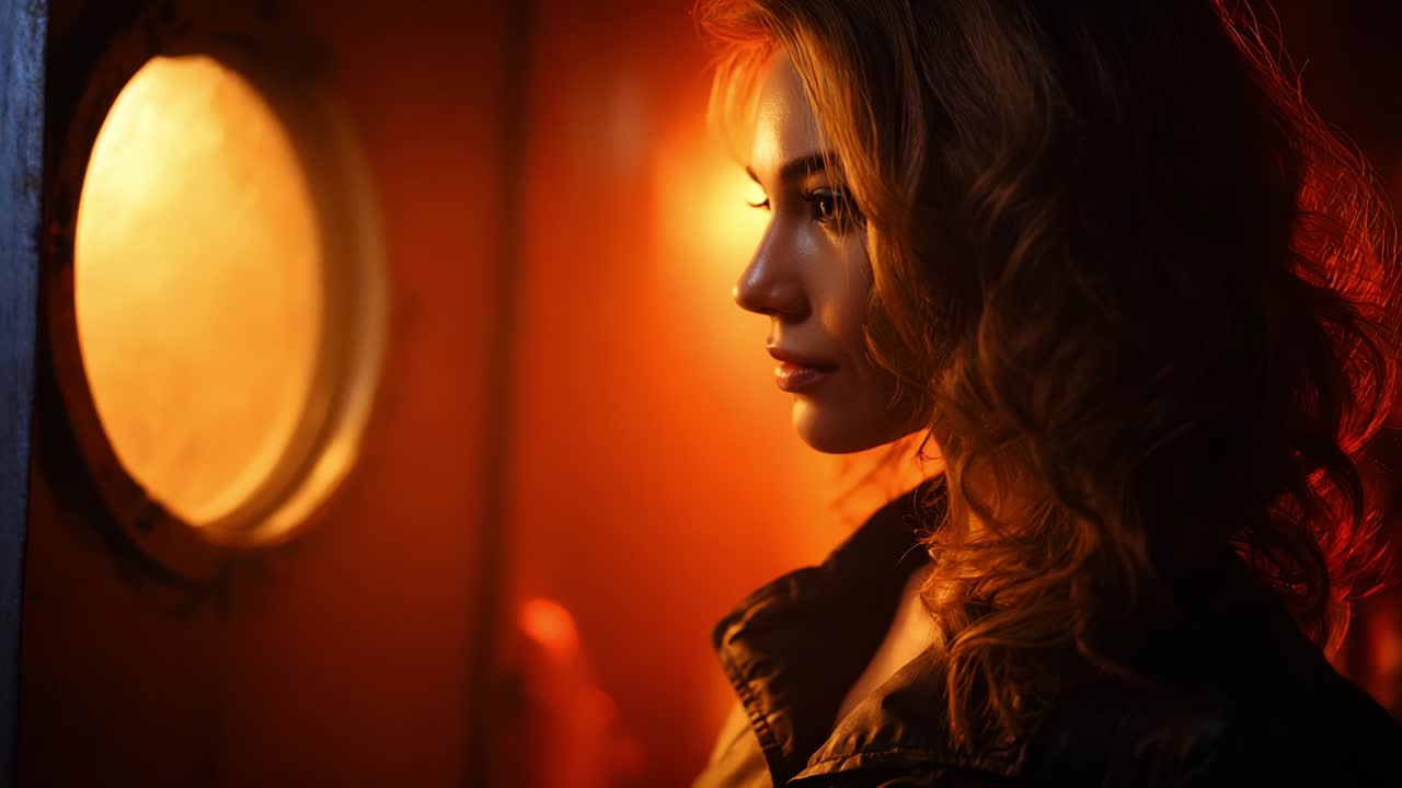 A Thoughtful Musing: Capturing the Essence of Solitude and Reflection Through the Profile of a Woman Gazing Out a Lighted Porthole, Illuminated by a Warm, Amber Glow