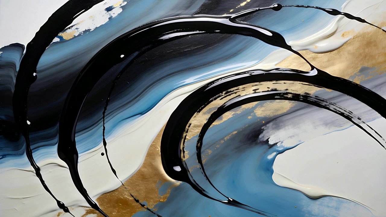 Showing canvas settling in studio as paint dries, with black arcs and gold paint shifting droplets