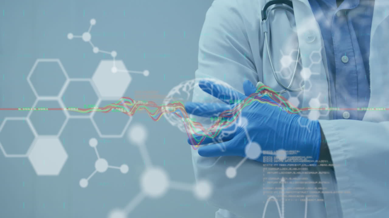 백인 남성 의사에 대한 데이터 처리 애니메이션