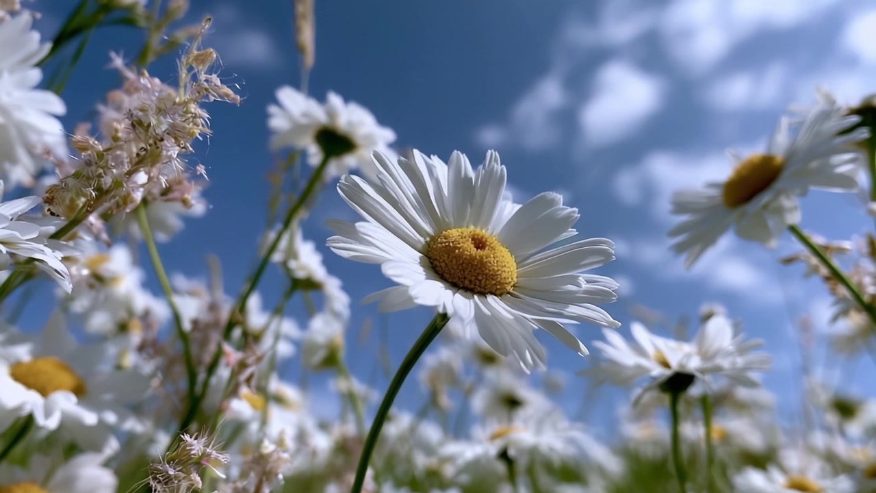 Un Bellissimo Campo di Margherite Sotto un Cielo Azzurro Brillante, Catturando l'Essenza dei Colori Vibranti della Natura e la Serenità in Ogni Fiore