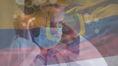 animación de la bandera de ecuador y diagramas médicos con un médico poniendo una máscara