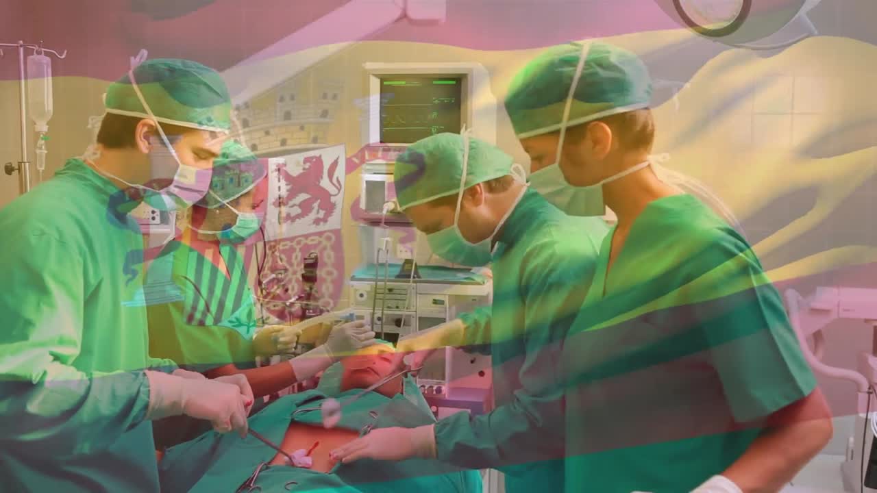 스페인 국기가 마스크를 착용한 다양한 외과 의사 위에 애니메이션으로