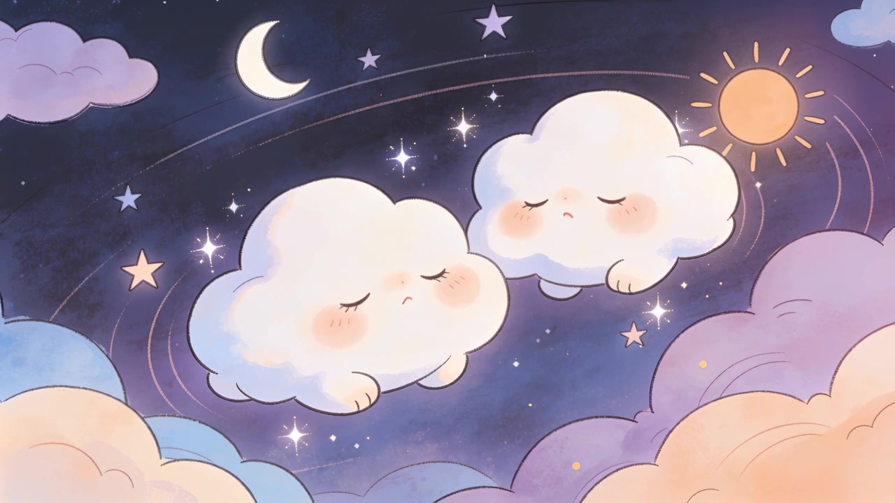 Starting sequence two clouds floating and evoking calm rest in starry sky with moon, sun, streaks