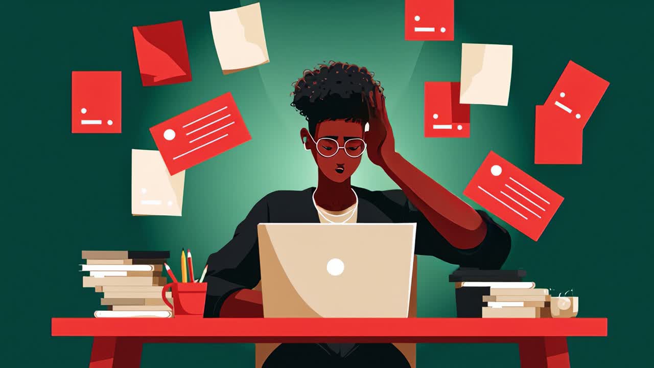 A student or professional experiencing stress and frustration while working on a laptop surrounded by a chaotic workspace filled with scattered papers and books, illustrating the challenge of managing tasks