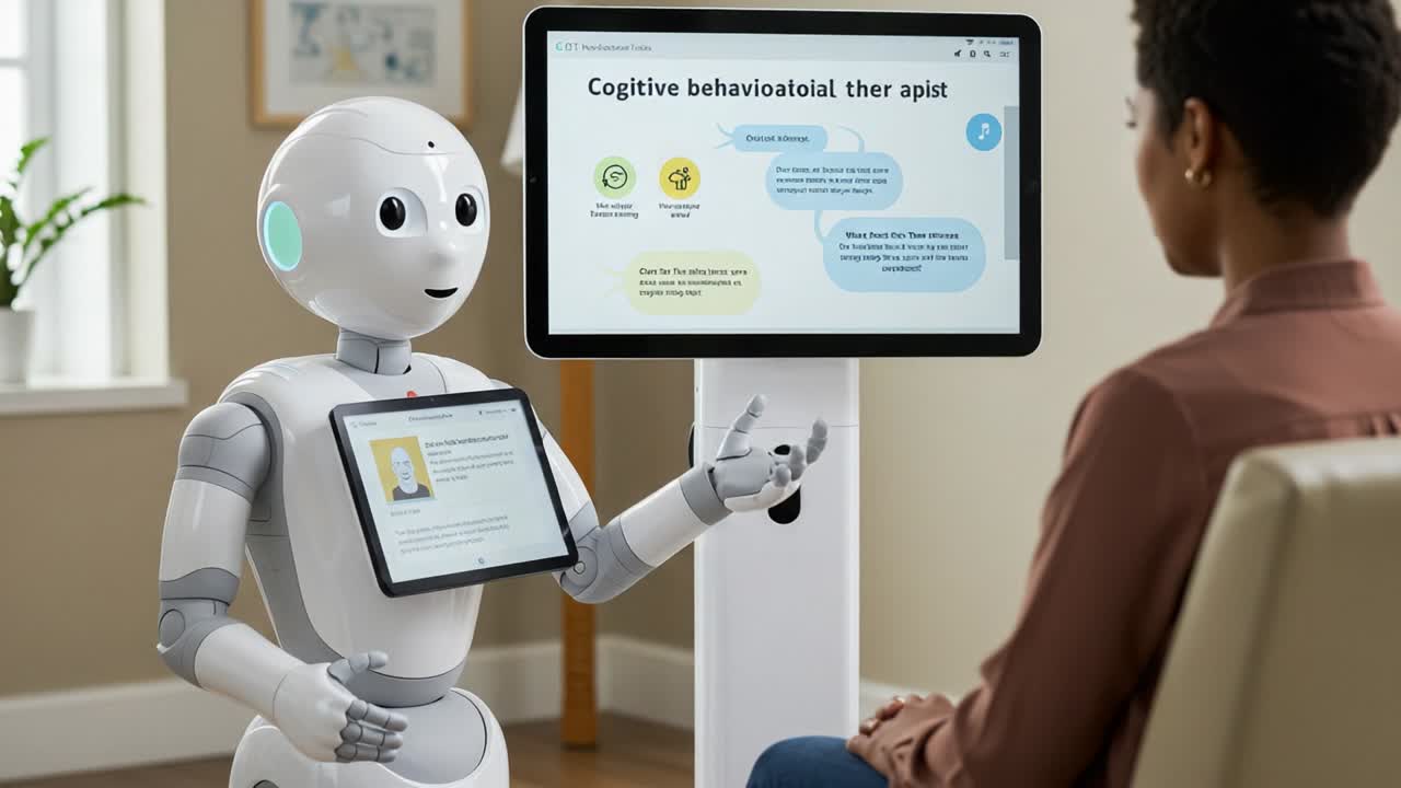 Un robot umanoide che interagisce con un utente, fornendo guida per la terapia cognitivo-comportamentale in un ambiente terapeutico moderno, evidenziando il ruolo dell'IA nel supporto alla salute mentale.